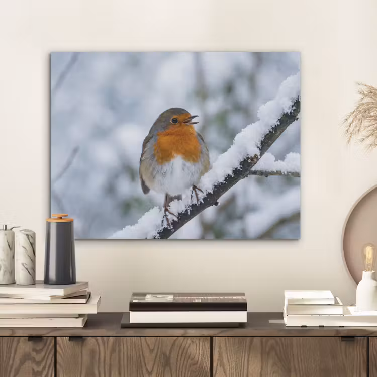 Roodborstje - Tak - Sneeuw - Winter - Levendig PET vilt klein -sfeer1