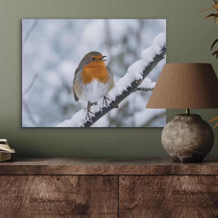 Roodborstje - Tak - Sneeuw - Winter - Levendig PET vilt klein -sfeer2