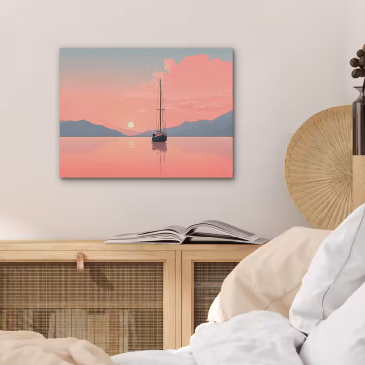 Zeilboot - Roze zee - Zonsondergang - Bergen PET vilt klein -sfeer3