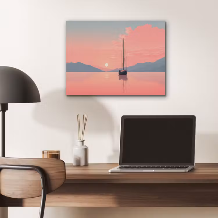 Zeilboot - Roze zee - Zonsondergang - Bergen PET vilt klein -sfeer5
