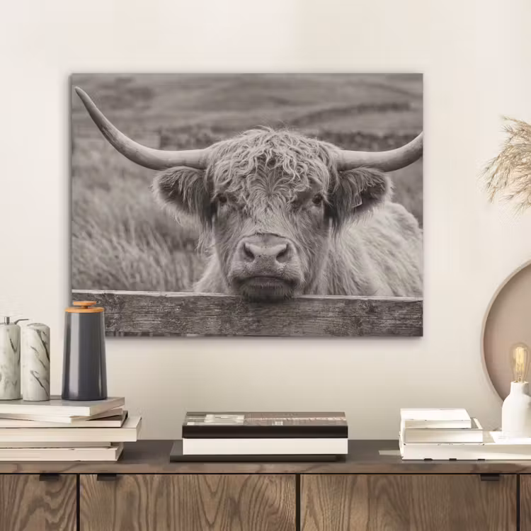 Schotse hooglander - Zwart - Wit - Hout PET vilt klein -sfeer1
