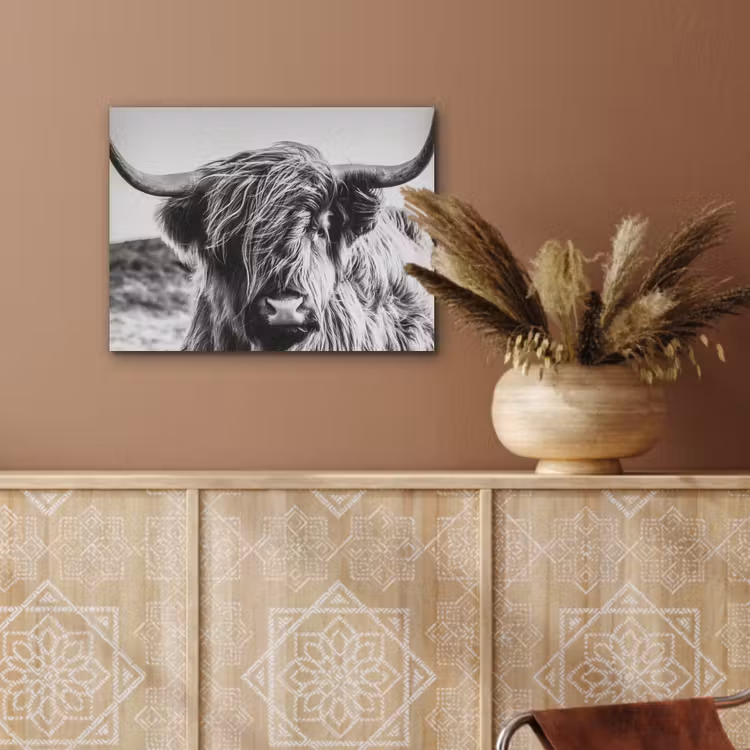 Schotse hooglander - Close up - Horens - Vacht - Zwart Wit PET vilt klein -sfeer4