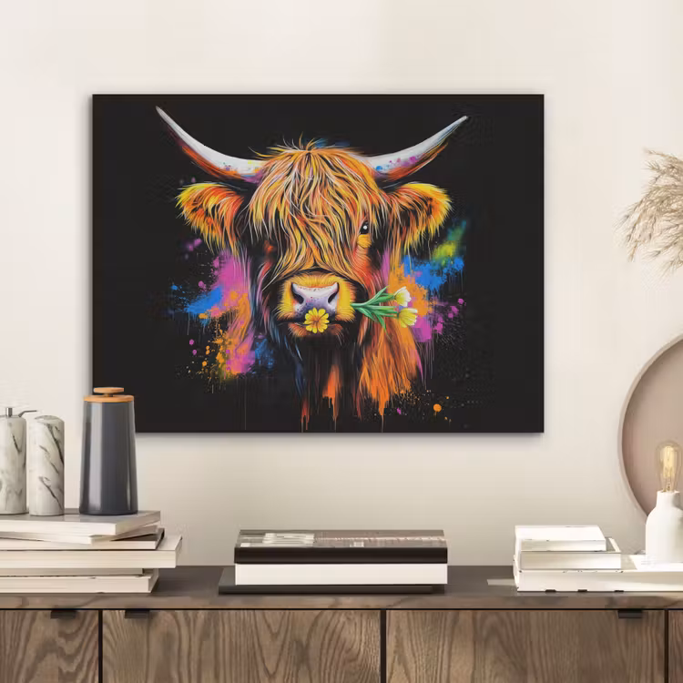 Schotse Hooglander - Graffiti - Kleurrijk - Bloem - Dieren PET vilt klein -sfeer1