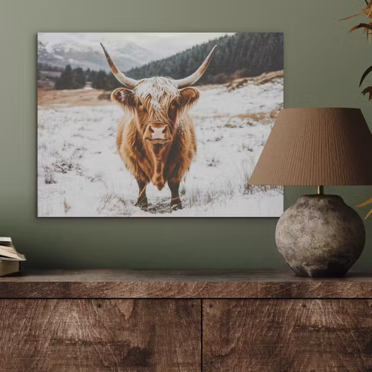 Schotse Hooglander - Landschap - Sneeuw - Bergen - Winter PET vilt klein -sfeer2