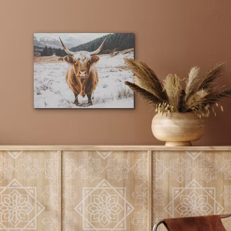 Schotse Hooglander - Landschap - Sneeuw - Bergen - Winter PET vilt klein -sfeer4