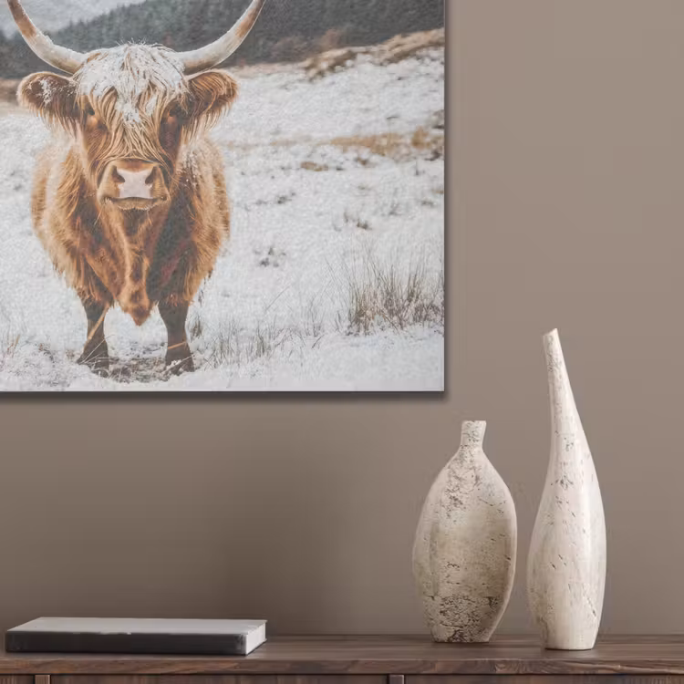 Schotse Hooglander - Landschap - Sneeuw - Bergen - Winter PET vilt klein -sfeer6_closeup