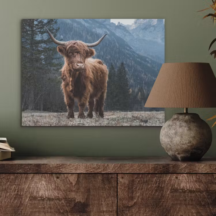 Schotse hooglander - Berg - Landschap - Bomen - Koe - Natuur PET vilt klein -sfeer2