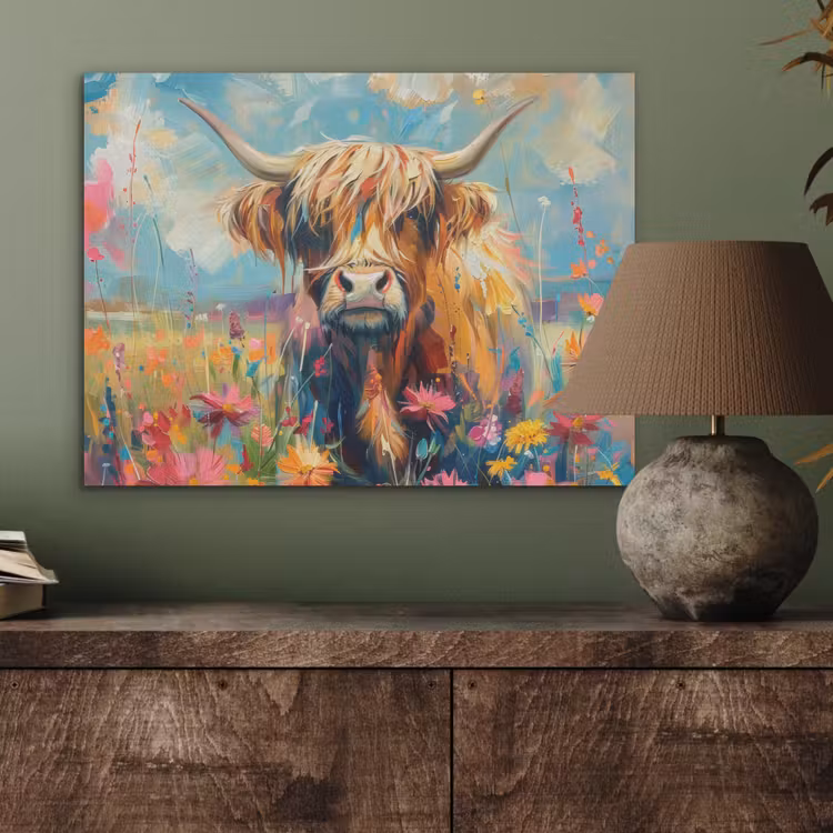 Schotse hooglander - Natuur - Kleurrijk - Bloemen PET vilt klein -sfeer2