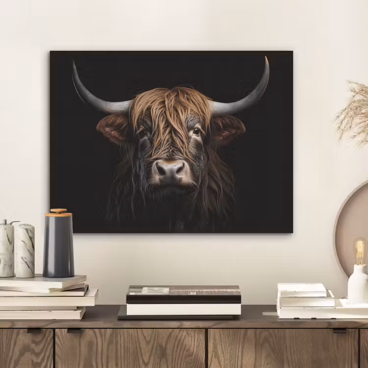 Schotse hooglander - Portret - Zwart - Dier PET vilt klein -sfeer1