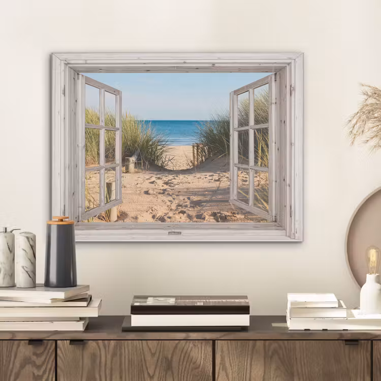 Doorkijk - Strand - Zee - Duinen - Zand - Water - Helmgras PET vilt klein -sfeer1