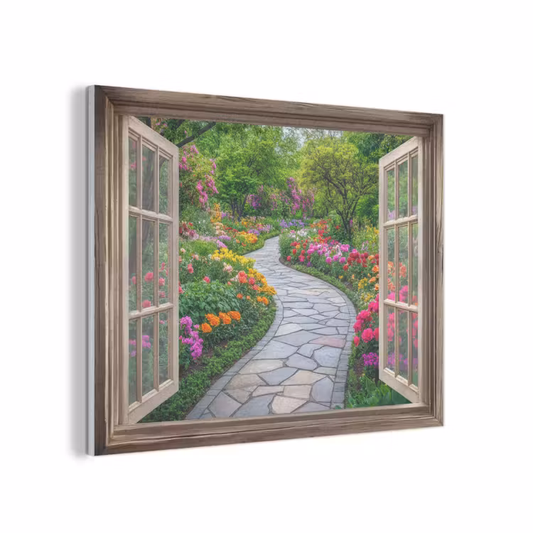 Doorkijk - Bloemen - Tuinpad - Natuur - Raam PET vilt klein -3d