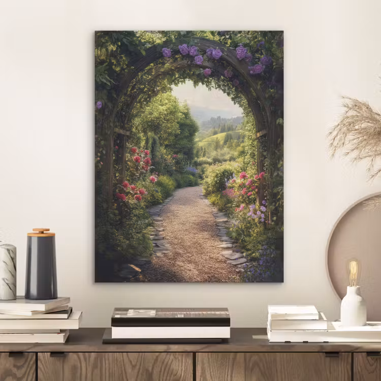 Doorkijk - Landschap - Bloemen - Tuinboog - Natuur PET vilt klein -sfeer1