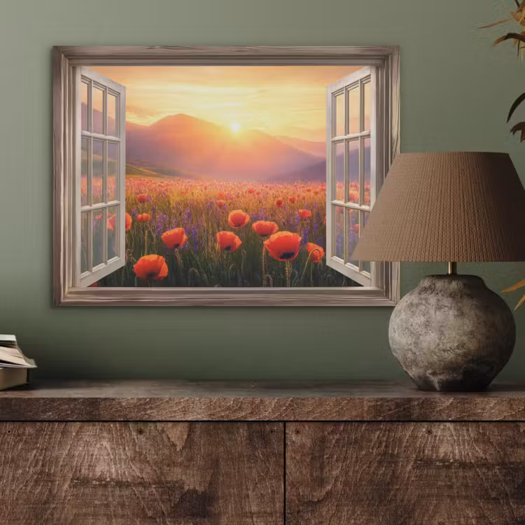 Doorkijk - Klaprozen - Bloemen - Rood - Open raam PET vilt klein -sfeer2