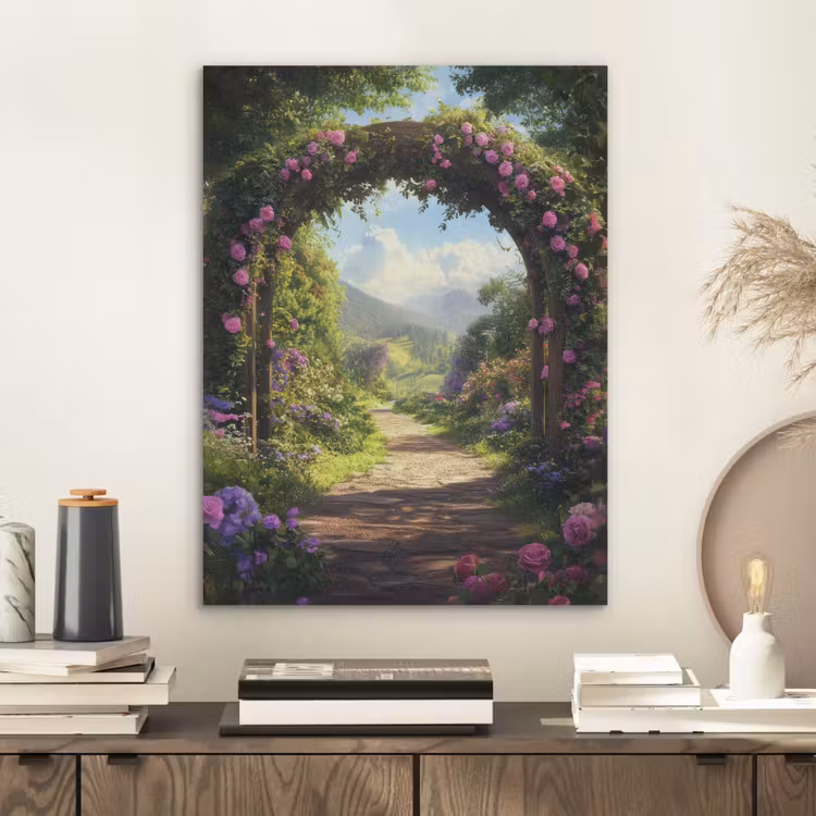 Doorkijk - Rozenboog - Uitzicht - Landschap - Bloemen PET vilt klein -sfeer1