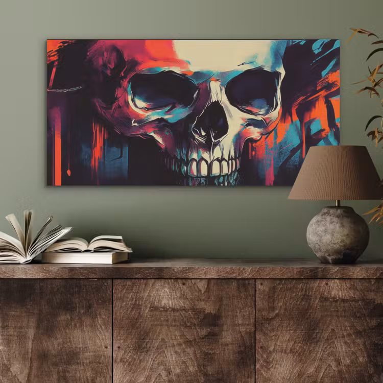 Schedel - Abstract - Rood - Blauw - Graffiti PET vilt middel -sfeer2