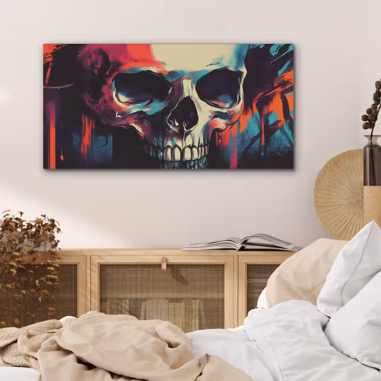 Schedel - Abstract - Rood - Blauw - Graffiti PET vilt middel -sfeer3