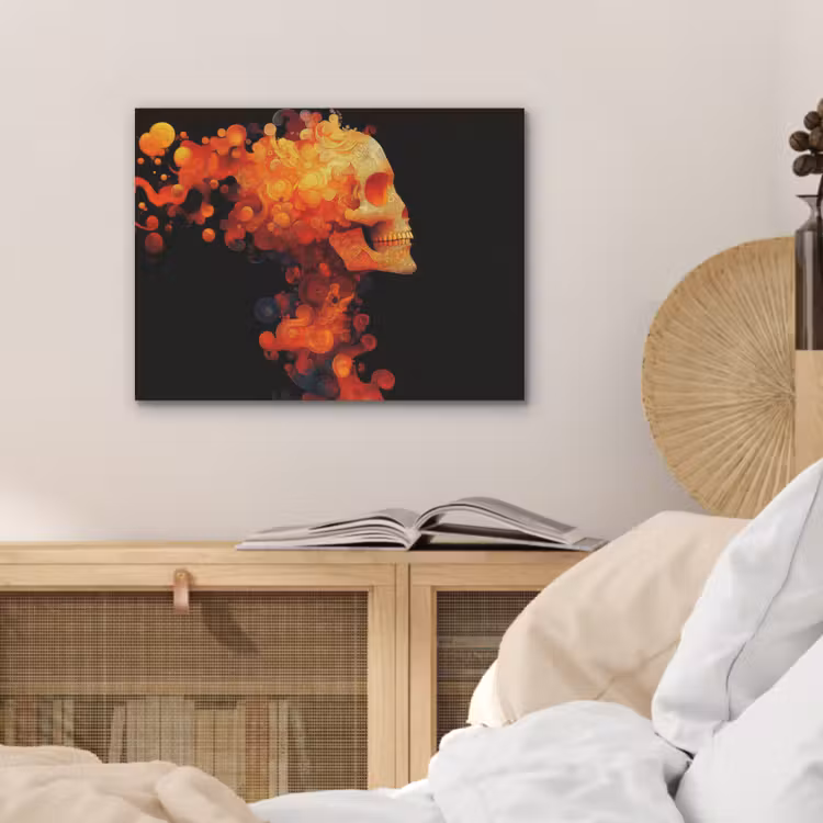 Schedel - Oranje - Zijaanzicht - Vlammen PET vilt klein -sfeer3
