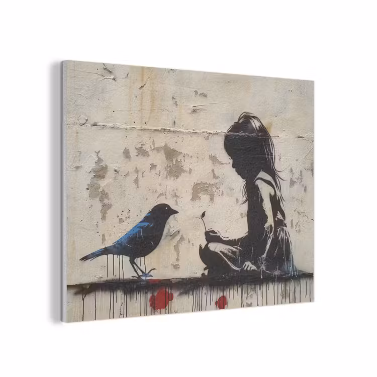 Street art - Meisje - Vogel - Graffiti - Banksy PET vilt klein -3d