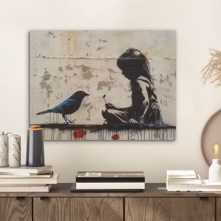 Street art - Meisje - Vogel - Graffiti - Banksy PET vilt klein -sfeer1