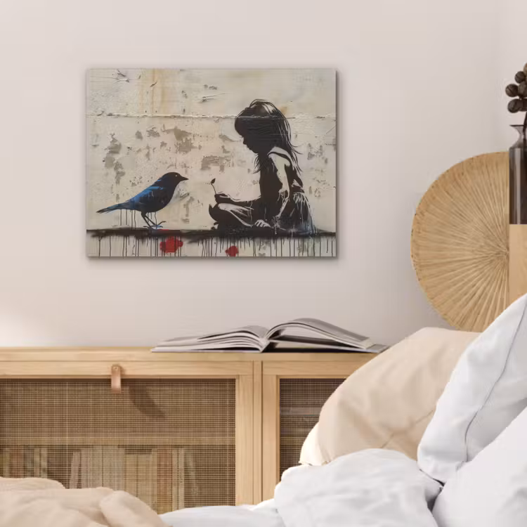 Street art - Meisje - Vogel - Graffiti - Banksy PET vilt klein -sfeer3