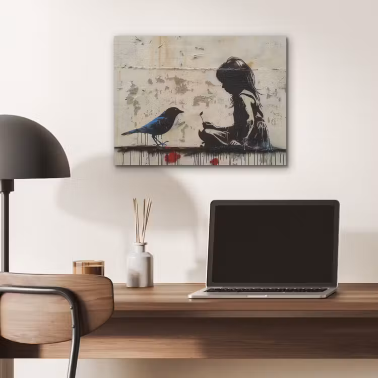 Street art - Meisje - Vogel - Graffiti - Banksy PET vilt klein -sfeer5