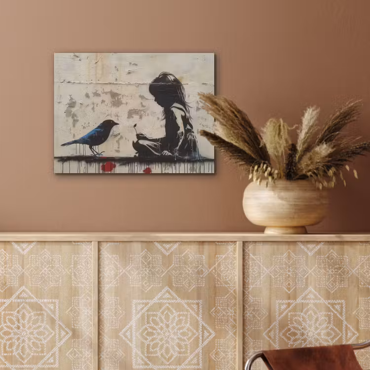 Street art - Meisje - Vogel - Graffiti - Banksy PET vilt klein -sfeer4