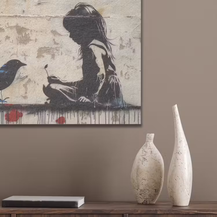 Street art - Meisje - Vogel - Graffiti - Banksy PET vilt klein -sfeer6_closeup