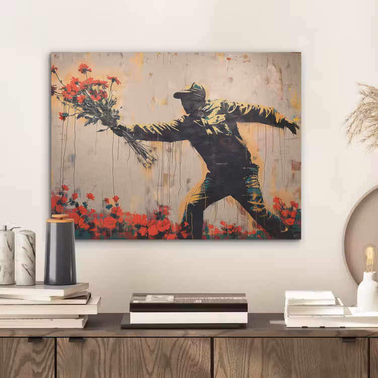 Street art - Man - Bloemen - Rood - Graffiti - Banksy PET vilt klein -sfeer1