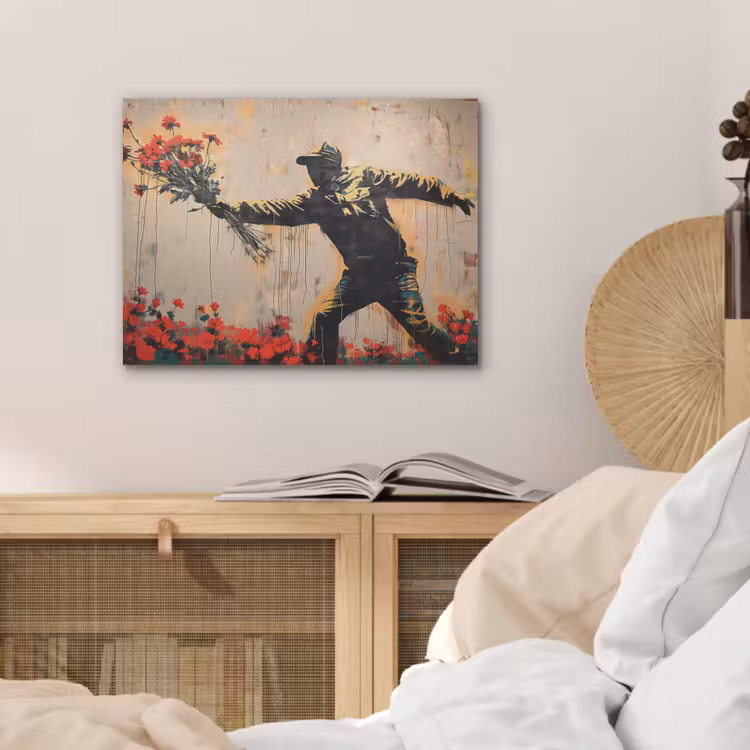 Street art - Man - Bloemen - Rood - Graffiti - Banksy PET vilt klein -sfeer3