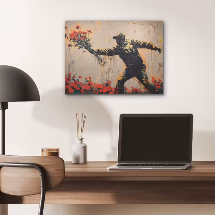 Street art - Man - Bloemen - Rood - Graffiti - Banksy PET vilt klein -sfeer5