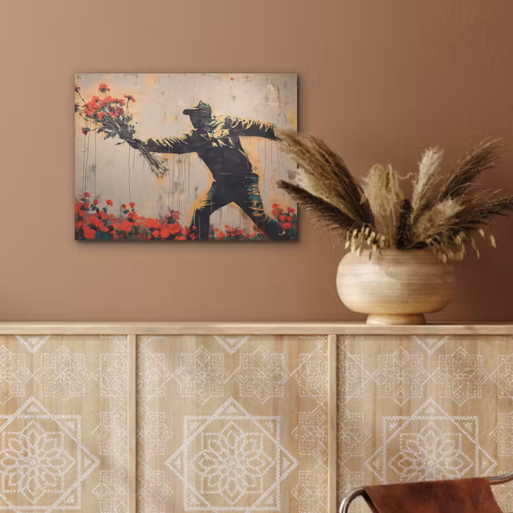 Street art - Man - Bloemen - Rood - Graffiti - Banksy PET vilt klein -sfeer4