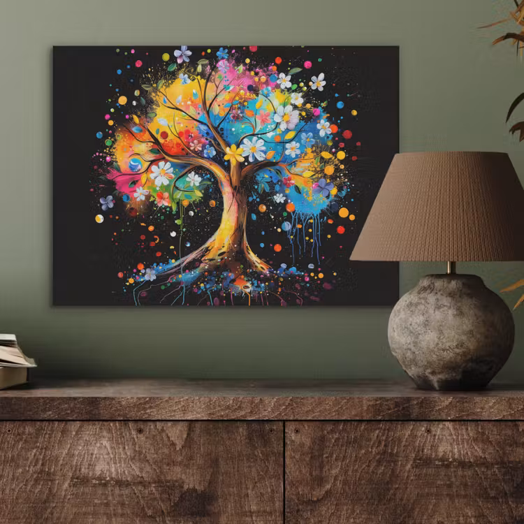 Boom - Kleurrijk - Bloemen - Zwart PET vilt klein -sfeer2