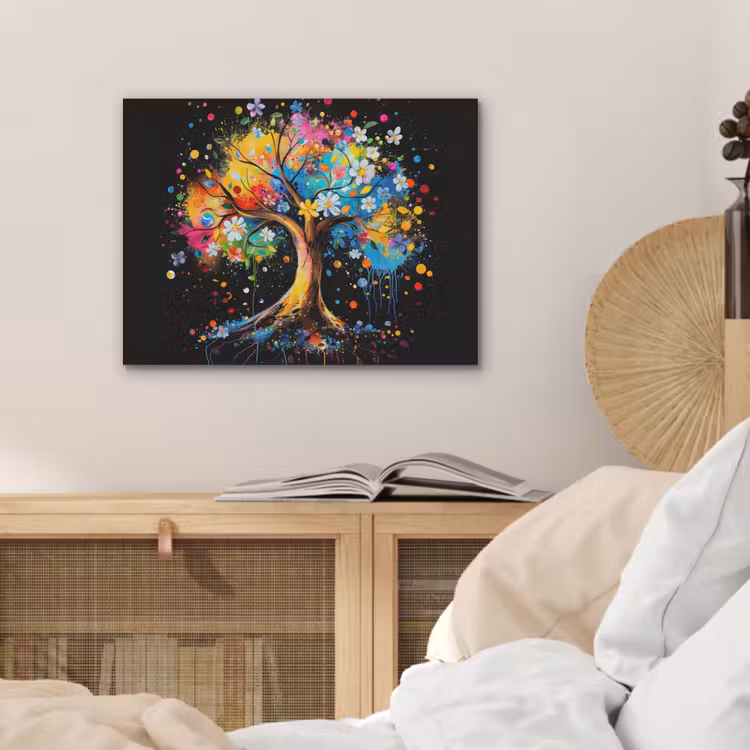 Boom - Kleurrijk - Bloemen - Zwart PET vilt klein -sfeer3