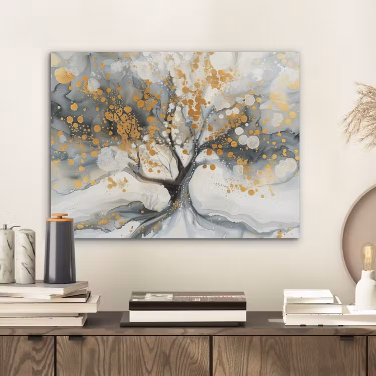 Boom - Modern - Abstract - Goud - Zwart - Wit PET vilt klein -sfeer1