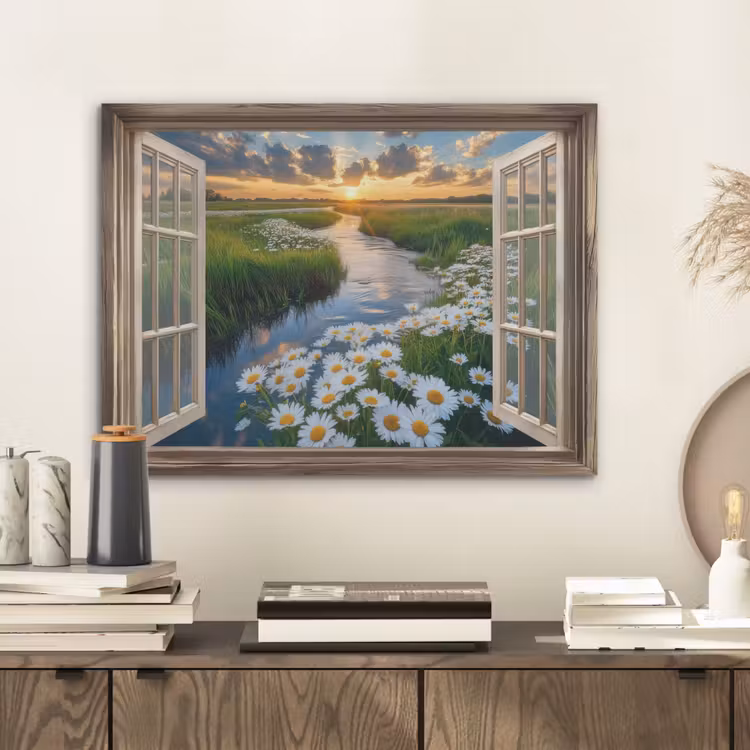 Doorkijk - Landschap - Raam - Water - Zonsondergang PET vilt klein -sfeer1