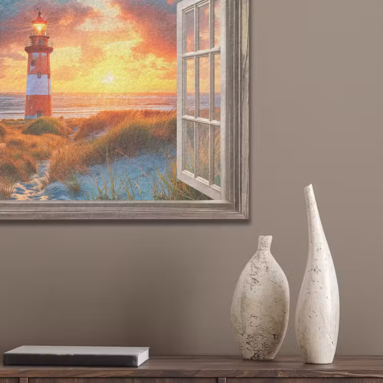 Doorkijk - Raam - Vuurtoren - Zonsondergang - Strand PET vilt klein -sfeer6_closeup
