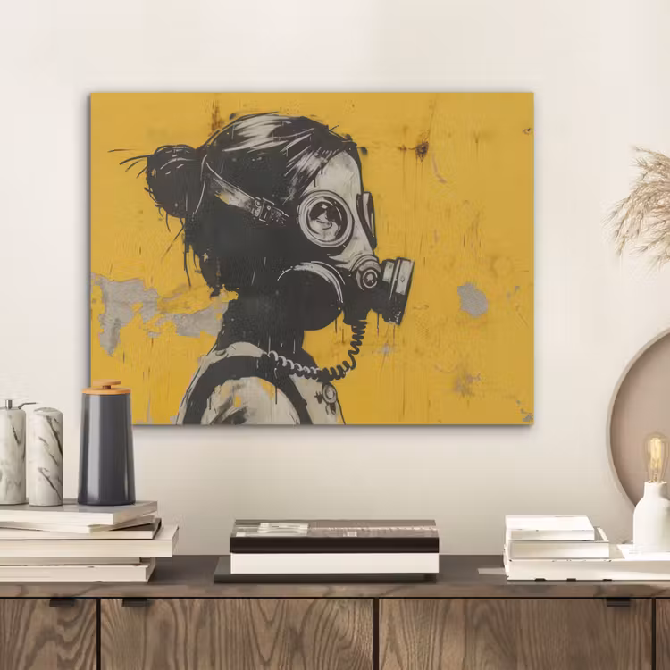 Vintage - Street art - Meisje - Masker - Geel - Banksy PET vilt klein -sfeer1