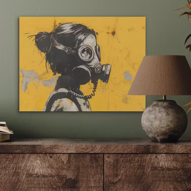 Vintage - Street art - Meisje - Masker - Geel - Banksy PET vilt klein -sfeer2