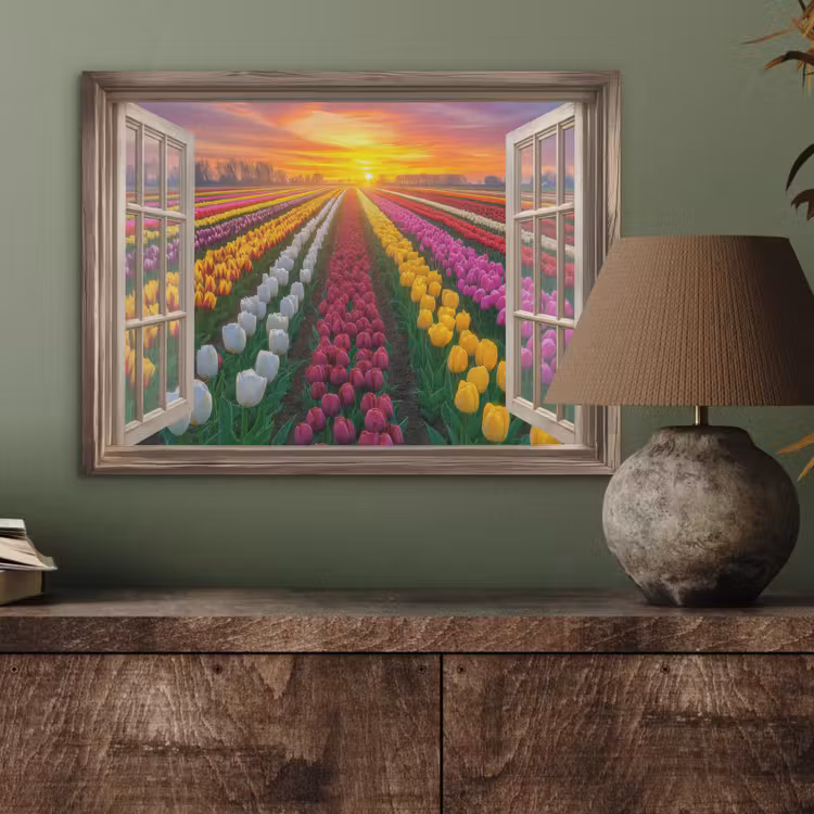 Doorkijk - Bloemen - Tulpen - Kleurrijk - Zonsondergang PET vilt klein -sfeer2