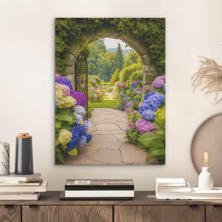 Doorkijk - Poort - Hortensia - Bloementuin PET vilt klein -sfeer1