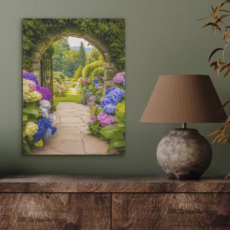 Doorkijk - Poort - Hortensia - Bloementuin PET vilt klein -sfeer2