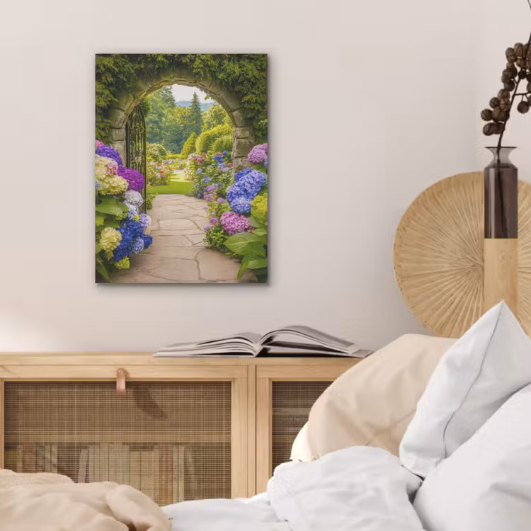 Doorkijk - Poort - Hortensia - Bloementuin PET vilt klein -sfeer3