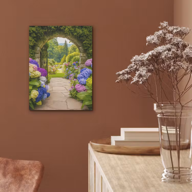 Doorkijk - Poort - Hortensia - Bloementuin PET vilt klein -sfeer4