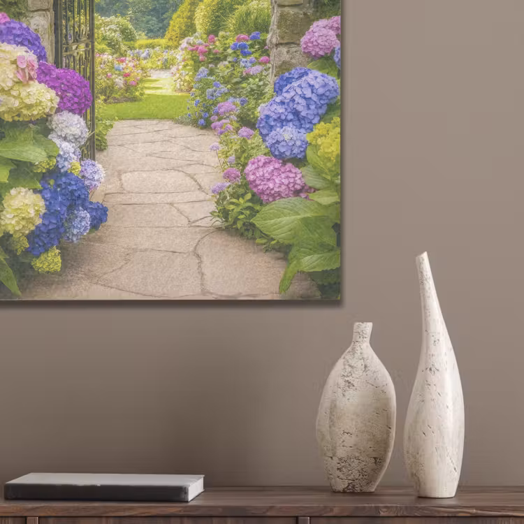 Doorkijk - Poort - Hortensia - Bloementuin PET vilt klein -sfeer6_closeup