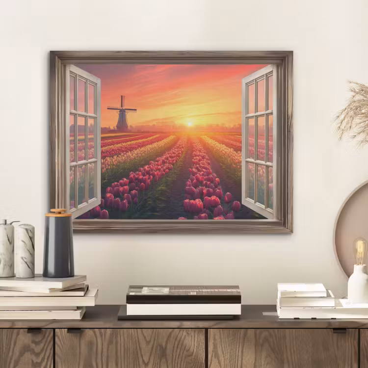 Doorkijk - Tulpen - Zonsondergang - Bloemen - Kleurrijk PET vilt klein -sfeer1