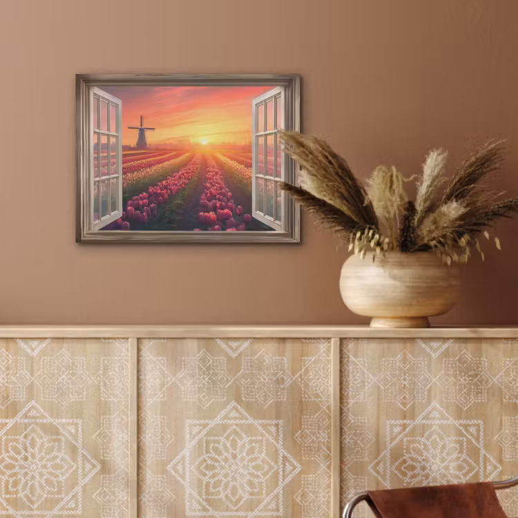 Doorkijk - Tulpen - Zonsondergang - Bloemen - Kleurrijk PET vilt klein -sfeer4