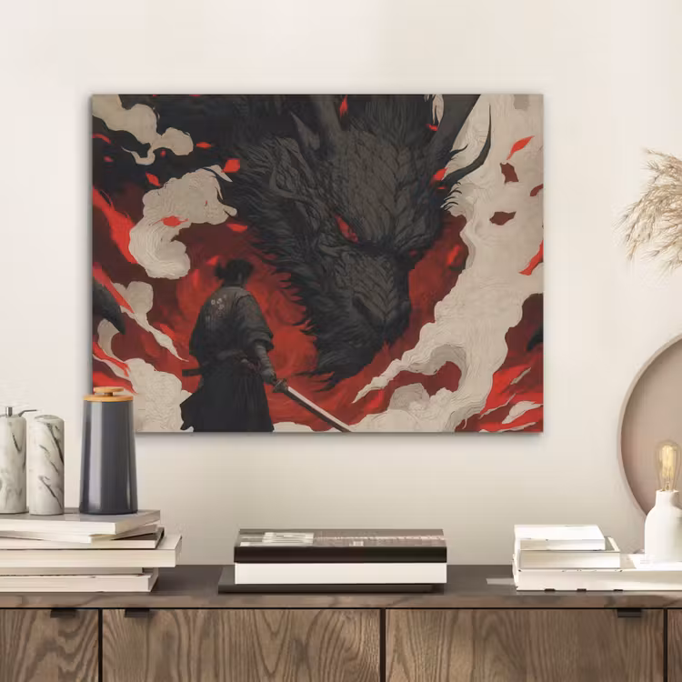 Krijger - Draak - Zwart - Rood - Rook PET vilt klein -sfeer1