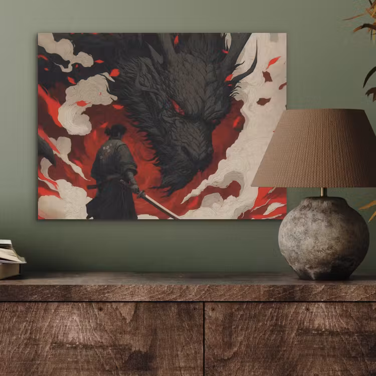 Krijger - Draak - Zwart - Rood - Rook PET vilt klein -sfeer2