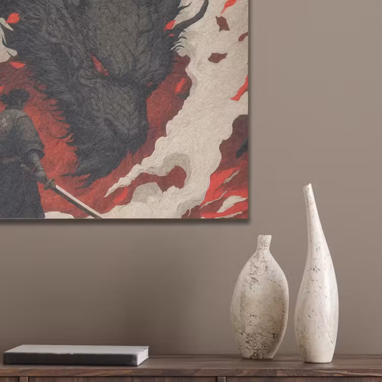 Krijger - Draak - Zwart - Rood - Rook PET vilt klein -sfeer6_closeup