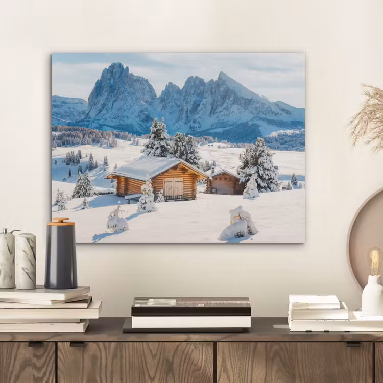 Winter - Huisje - Bergen - Uitzicht - Sneeuw PET vilt klein -sfeer1